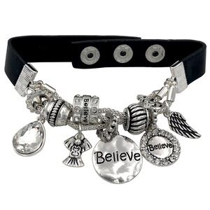 Believe Religious Angel Slide Charm Faux Leather Strap Bracelet